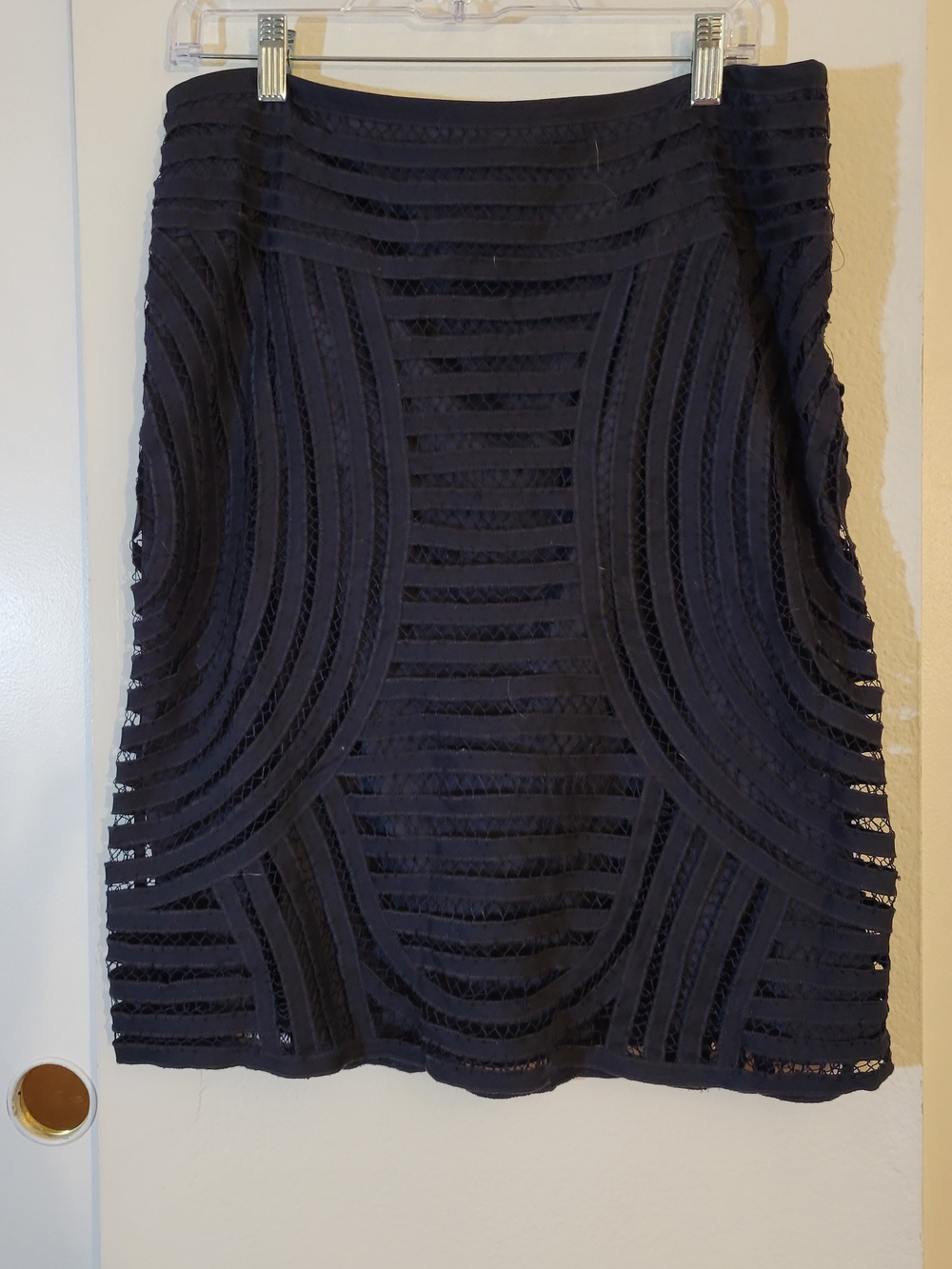 Doncaster Collection Navy Textured Striped Lace  Skirt